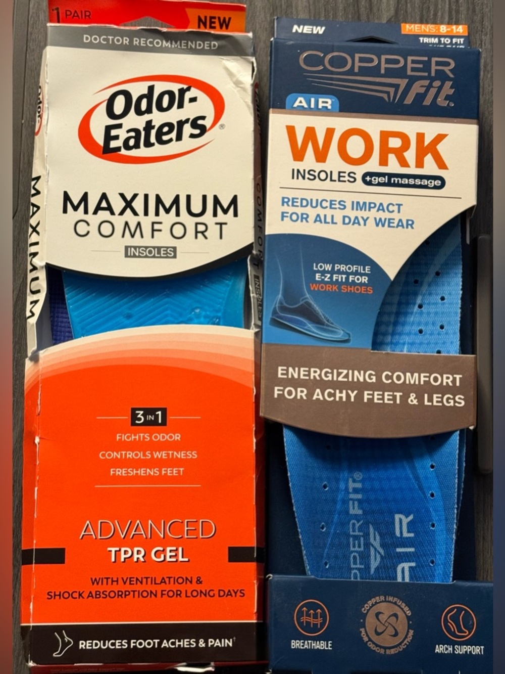 Odor-Eaters Maximum Comfort Insoles & Copper Fit Work Insoles - Lot of 2 OS NIB